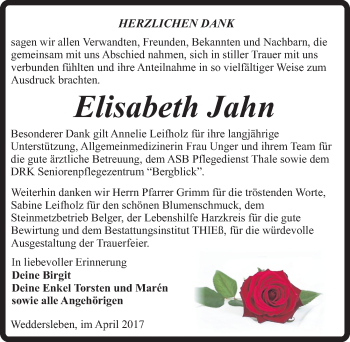 Traueranzeige von Elisabeth Jahn von Mitteldeutsche Zeitung Quedlinburg
