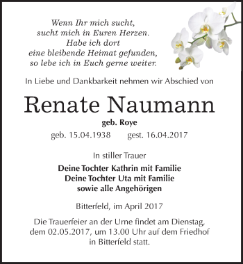 Traueranzeige von Renate Naumann von Mitteldeutsche Zeitung Bitterfeld