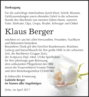 Traueranzeige von Klaus Berger von Mitteldeutsche Zeitung Zeitz