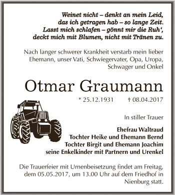 Traueranzeige von Otmar Graumann von Super Sonntag Bernburg