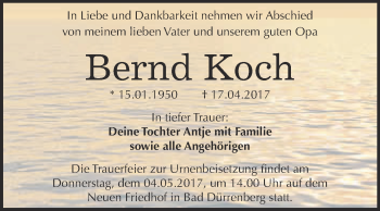 Traueranzeige von Bernd Koch von Super Sonntag Merseburg