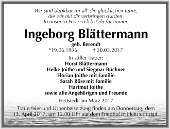 Traueranzeige von Ingeborg Blättermann von Mitteldeutsche Zeitung Mansfelder Land