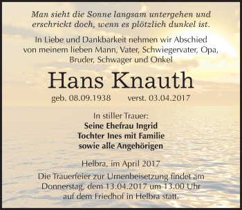 Traueranzeige von Hans Knauth von Mitteldeutsche Zeitung Mansfelder Land