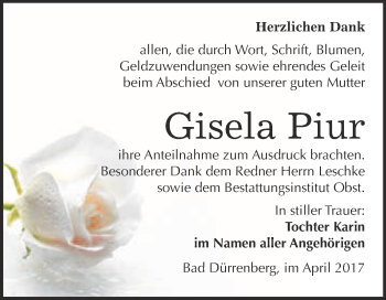 Traueranzeige von Gisela Piur von Super Sonntag Merseburg