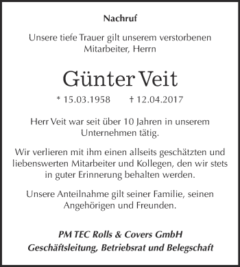 Traueranzeige von Günter Veit von WVG - Wochenspiegel Merseburg