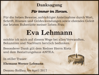 Traueranzeige von Eva Lehmann von Mitteldeutsche Zeitung Dessau-Roßlau