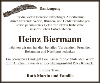 Traueranzeige von Heinz Biermann von WVG - Wochenspiegel Dessau / Köthen