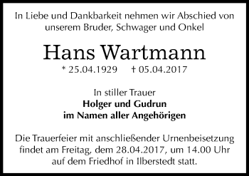 Traueranzeige von Hans Wartmann von Mitteldeutsche Zeitung Bernburg