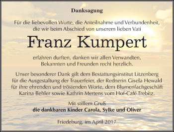 Traueranzeige von Franz Kumpert von Mitteldeutsche Zeitung Mansfelder Land