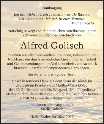 Traueranzeige von Alfred Golisch von Mitteldeutsche Zeitung Halle/Saalkreis
