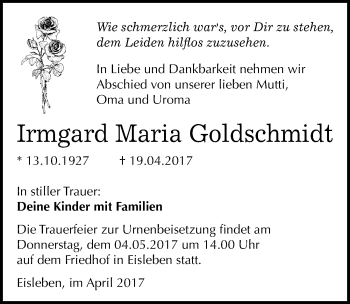 Traueranzeige von Irmgard Maria Goldschmidt von Mitteldeutsche Zeitung Mansfelder Land