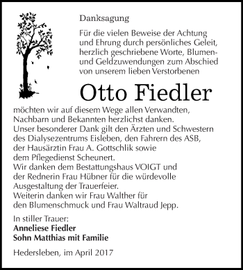 Traueranzeige von Otto Fiedler von Super Sonntag SGH Mansf. Land