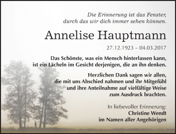 Traueranzeige von Annelise Hauptmann von Mitteldeutsche Zeitung Halle/Saalkreis