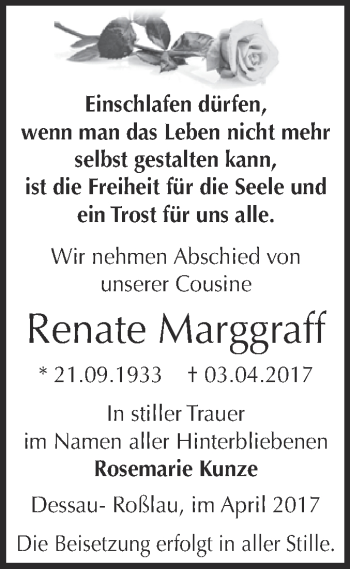 Traueranzeige von Renate Marggraff von WVG - Wochenspiegel Dessau / Köthen
