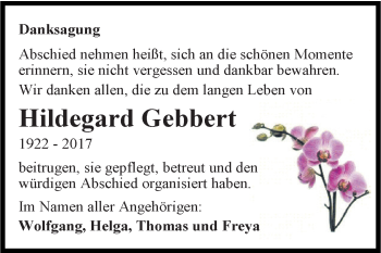 Traueranzeige von Hildegard Gebbert von Super Sonntag SGH Mansf. Land