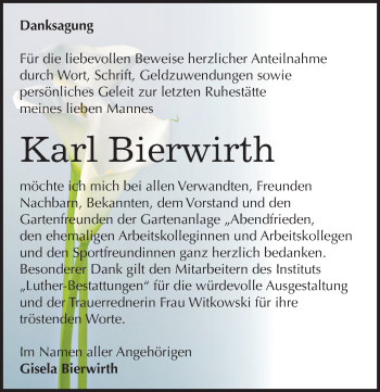 Traueranzeige von Karl Bierwirth von Mitteldeutsche Zeitung Halle/Saalkreis