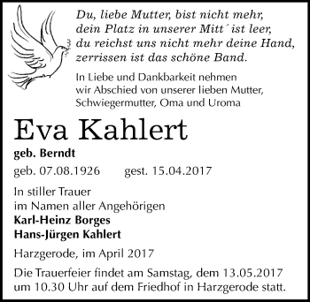 Traueranzeige von Eva Kahlert von Mitteldeutsche Zeitung Quedlinburg