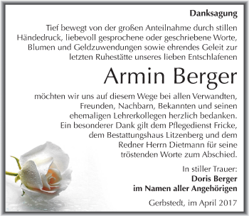 Traueranzeige von Armin Berger von Mitteldeutsche Zeitung Mansfelder Land