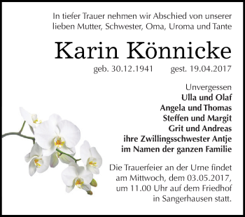Traueranzeige von Karin Könnicke von Super Sonntag SGH Mansf. Land