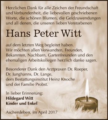 Traueranzeige von Hans Peter Witt von Super Sonntag Aschersleben