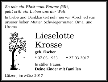 Traueranzeige von Lieselotte Krosse von Mitteldeutsche Zeitung Weißenfels