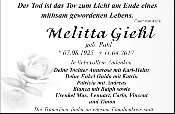Traueranzeige von Melitta Giehl von Mitteldeutsche Zeitung Dessau-Roßlau