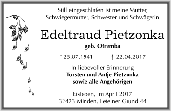 Traueranzeige von Edeltraud Pietzonka von Mitteldeutsche Zeitung Mansfelder Land