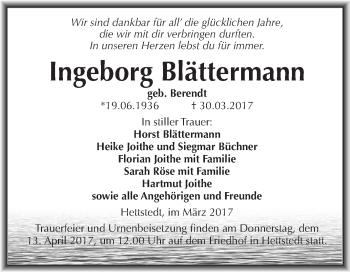 Traueranzeige von Ingeborg Blättermann von Super Sonntag SGH Mansf. Land