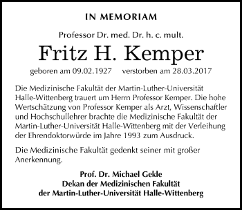Traueranzeige von Fritz H. Kemper von Mitteldeutsche Zeitung Halle/Saalkreis