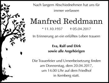 Traueranzeige von Manfred Reddmann von Mitteldeutsche Zeitung Wittenberg