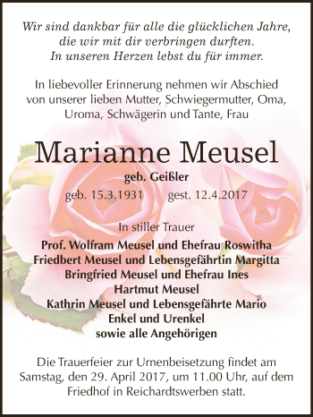 Traueranzeige von Marianne Meusel von WVG - Wochenspiegel NMB / WSF / ZTZ