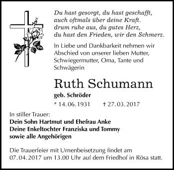 Traueranzeige von Ruth Schumann von Mitteldeutsche Zeitung Bitterfeld