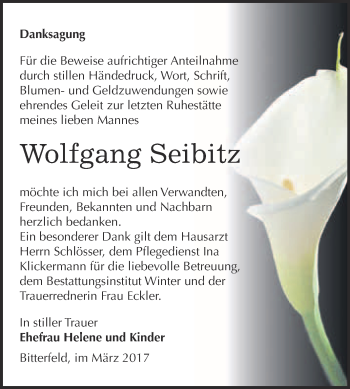 Traueranzeige von Wolfgang Seibitz von WVG - Wochenspiegel Bitterfeld