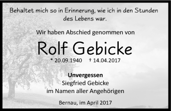 Traueranzeige von Rolf Gebicke von Mitteldeutsche Zeitung Sangerhausen