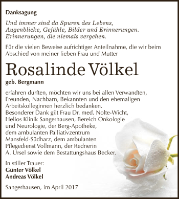 Traueranzeige von Rosalinde Völkel von Super Sonntag SGH Mansf. Land