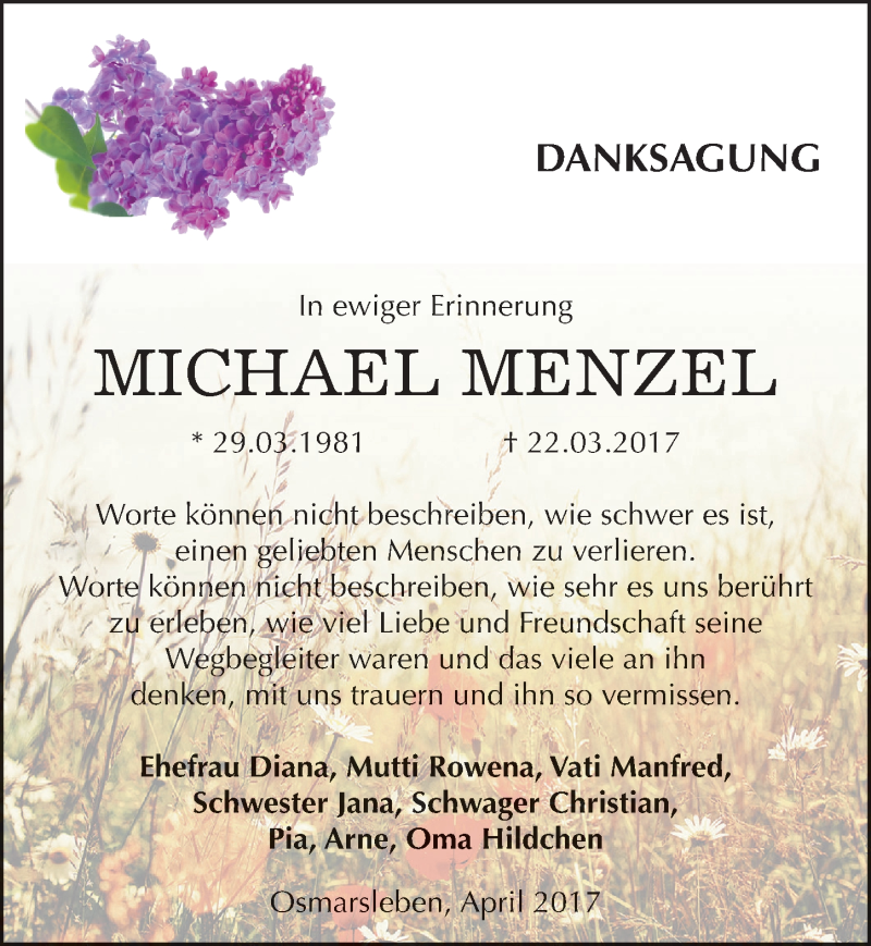  Traueranzeige für Michael Menzel vom 22.04.2017 aus Mitteldeutsche Zeitung Bernburg