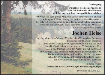 Traueranzeige von Jochen Heise von Mitteldeutsche Zeitung Sangerhausen