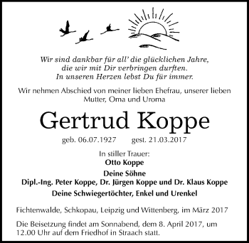 Traueranzeige von Gertrud Koppe von Mitteldeutsche Zeitung