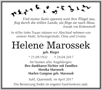 Traueranzeige von Helene Marossek von Super Sonntag Aschersleben
