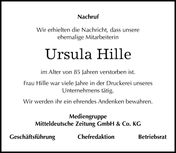 Traueranzeige von Ursula Hille von Mitteldeutsche Zeitung Halle/Saalkreis