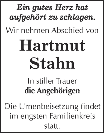 Traueranzeige von Hartmut Stahn von Super Sonntag Bernburg