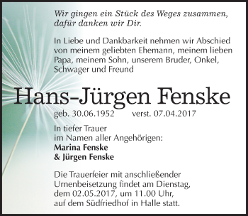Traueranzeige von Hans-Jürgen Fenske von Mitteldeutsche Zeitung Halle/Saalkreis