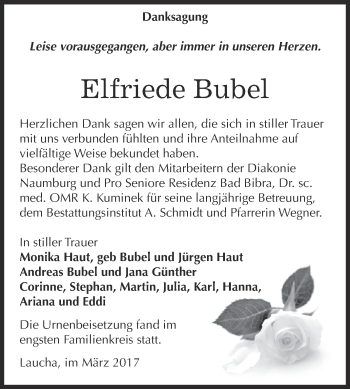 Traueranzeige von Elfriede Bubel von WVG - Wochenspiegel NMB / WSF / ZTZ