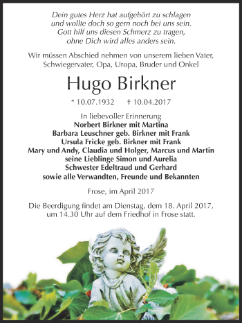 Traueranzeige von Hugo Birkner von Super Sonntag Aschersleben