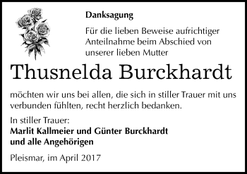 Traueranzeige von Thusnelda Burckhardt von Mitteldeutsche Zeitung Naumburg/Nebra