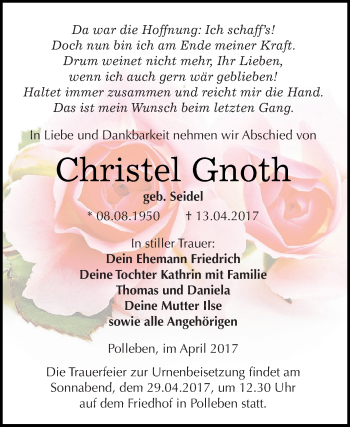 Traueranzeige von Christel Gnoth von Wochenspiegel Mansfelder Land