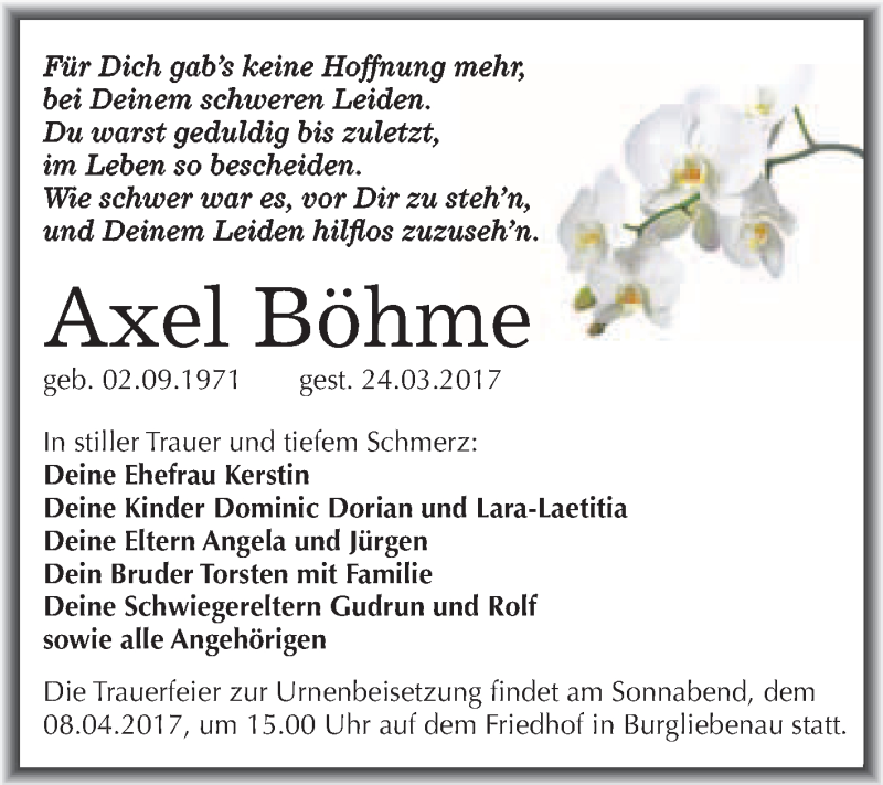  Traueranzeige für Axel Böhme vom 01.04.2017 aus Super Sonntag Halle