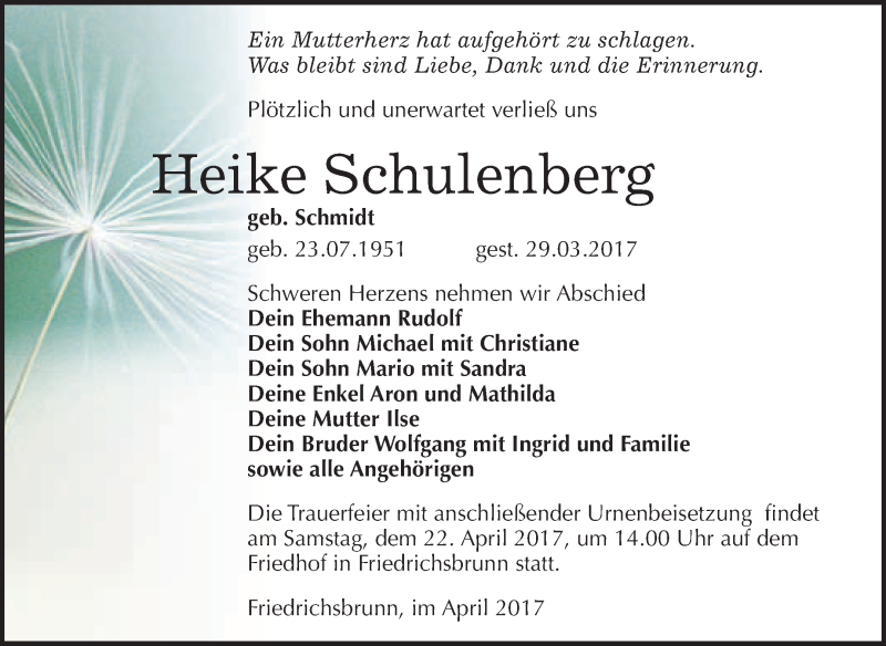  Traueranzeige für Heike Schulenberg vom 12.04.2017 aus WVG - Wochenspiegel Quedlinburg