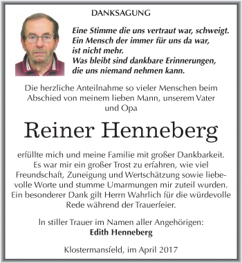 Traueranzeige von Reiner Henneberg von Mitteldeutsche Zeitung Mansfelder Land