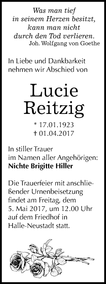 Traueranzeige von Lucie Reitzig von Mitteldeutsche Zeitung Halle/Saalkreis